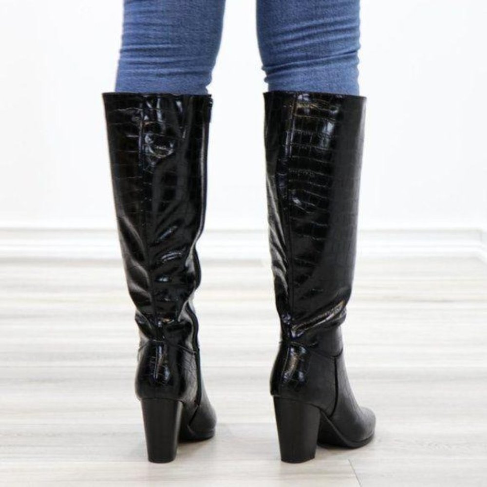 Black Pointy Croc Texture Boot Faux Shiny Leather - Picture 2 of 15